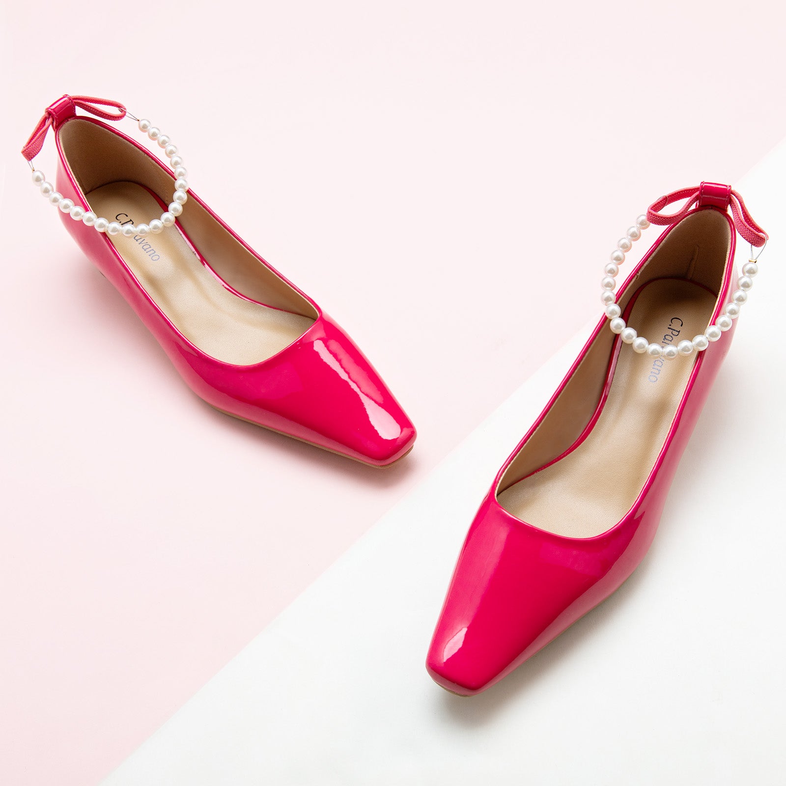 Vibrant Pink Delight: Hot Pink Pearl Straps Low Heel, a bold and playful choice for making a lively and stylish statement.
