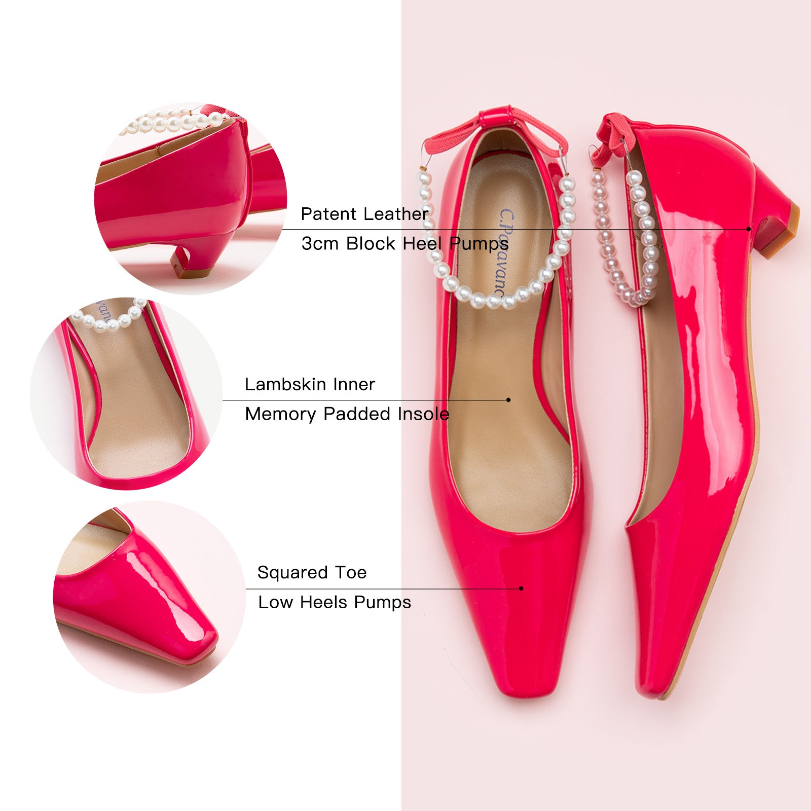 : Hot Pink Low Heel with delicate pearl straps, a confident and eye-catching addition to your footwear collection
