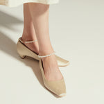 Stylish Ivory Low Heel: Pearl Straps Accent