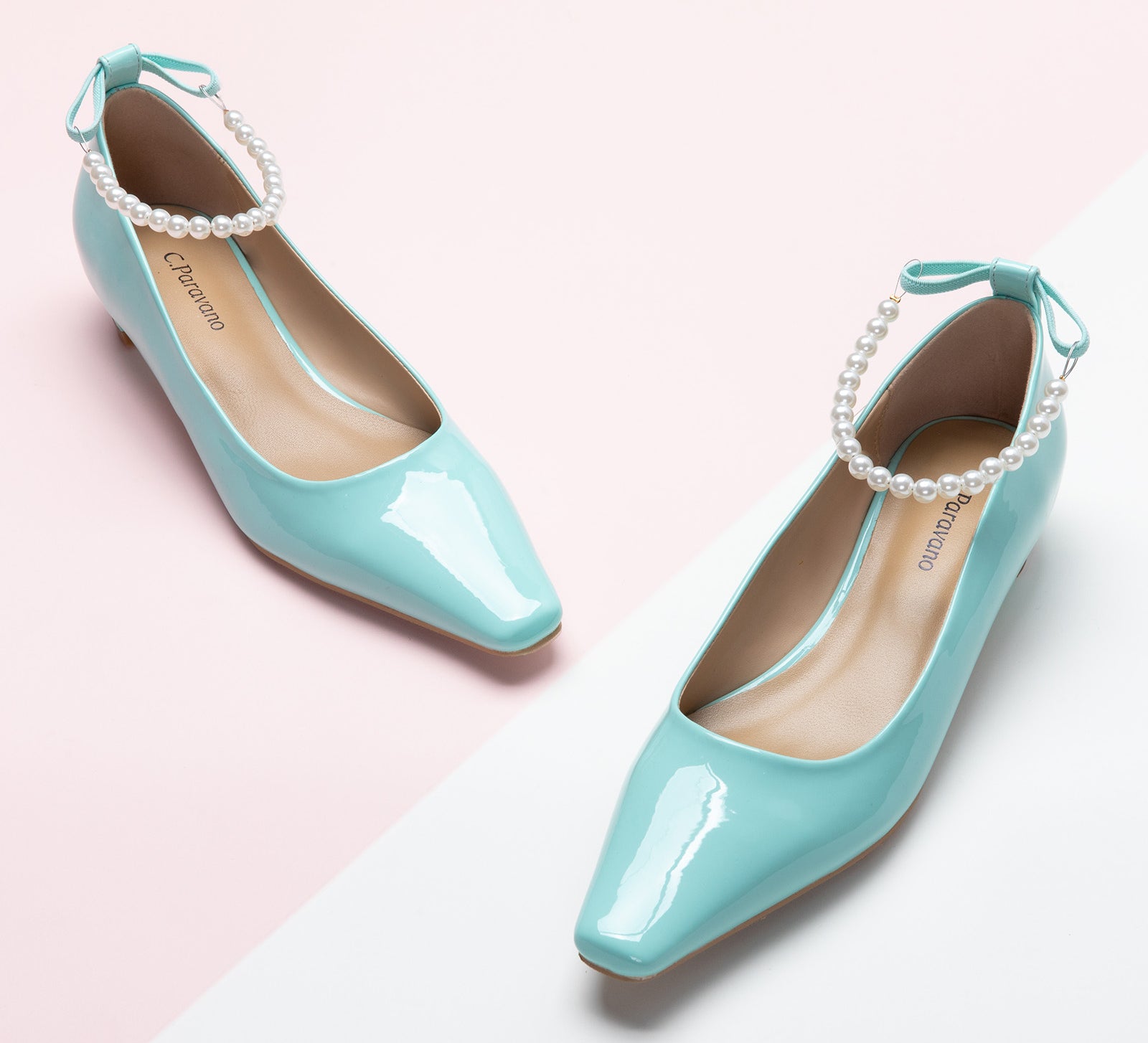 Pearl Straps Low Heel in Mint, featuring delicate pearl details for a soft and sophisticated style