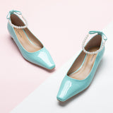 Pearl Straps Low Heel in Mint, featuring delicate pearl details for a soft and sophisticated style