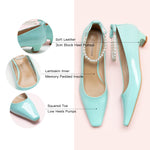 Pearl Straps Low Heel in a soft mint hue, offering a chic and modern touch to your ensemble