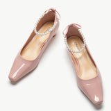 Pink Low Heel Shoes with Elegant Pearl Straps