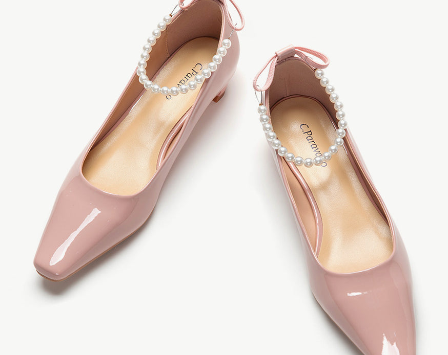 Pink Low Heel Shoes with Elegant Pearl Straps