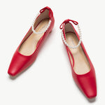 Red Low Heel Shoes with Elegant Pearl Straps