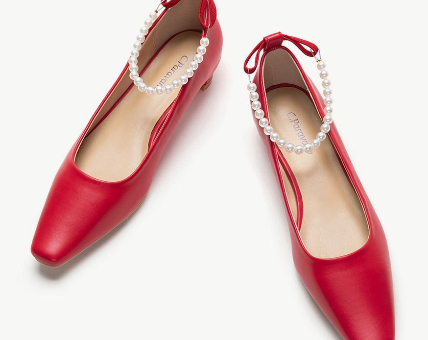 Red Low Heel Shoes with Elegant Pearl Straps