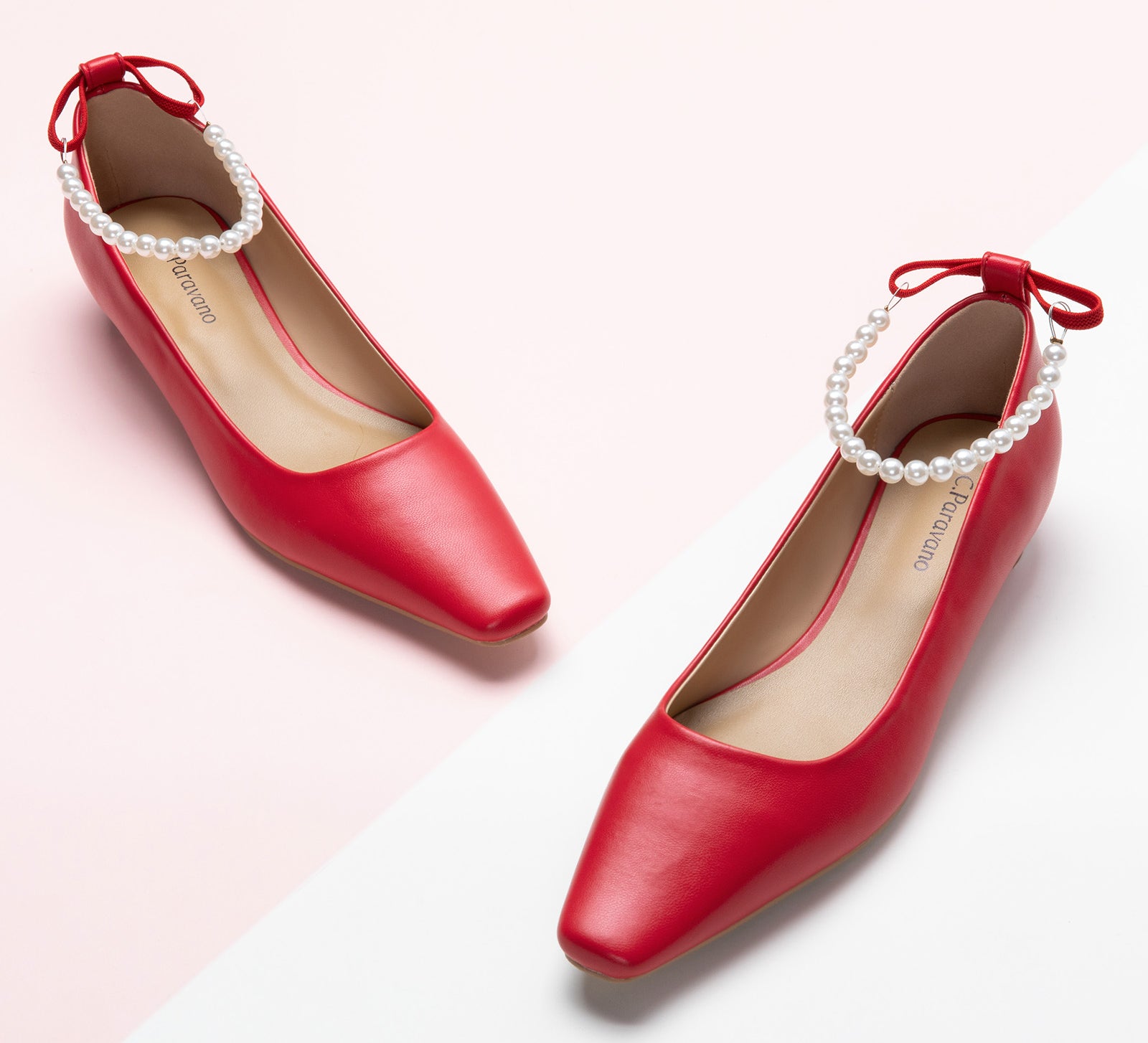 Red Pearl Straps Low Heel, a bold and stylish choice for making a confident and vibrant statement