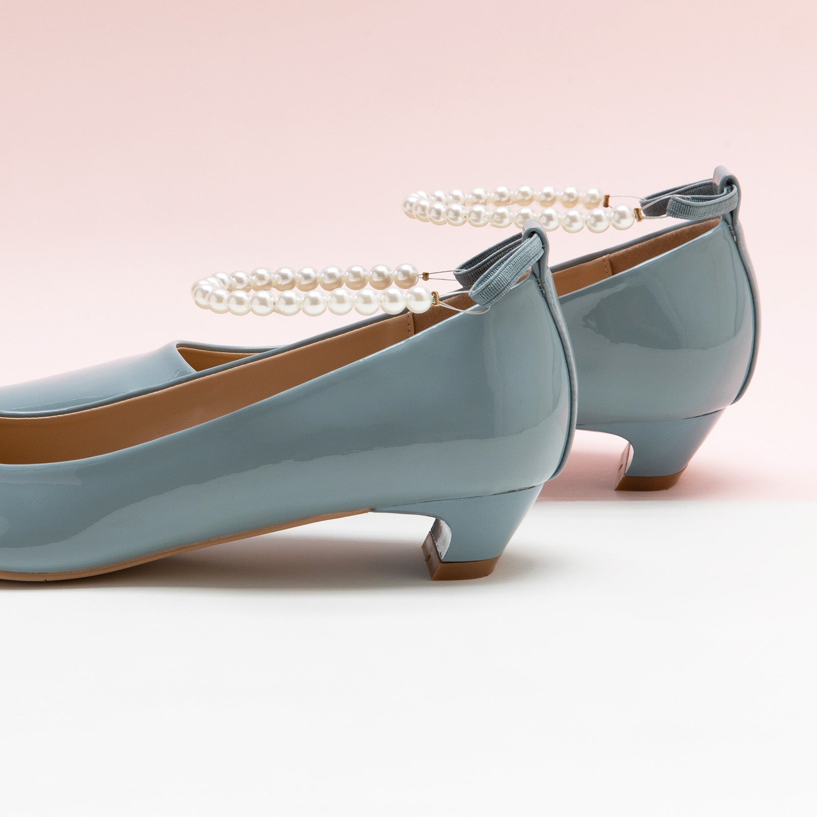 Pearl Straps Low Heel in Sky, featuring delicate pearl details for a soft and sophisticated style