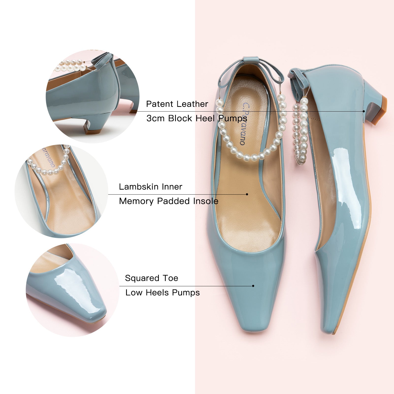 Sky Low Heel with pearl straps, a serene and elegant addition to your shoe collection