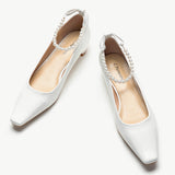 White Low Heel Shoes with Delicate Pearl Straps