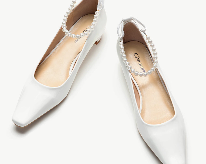 White Low Heel Shoes with Delicate Pearl Straps