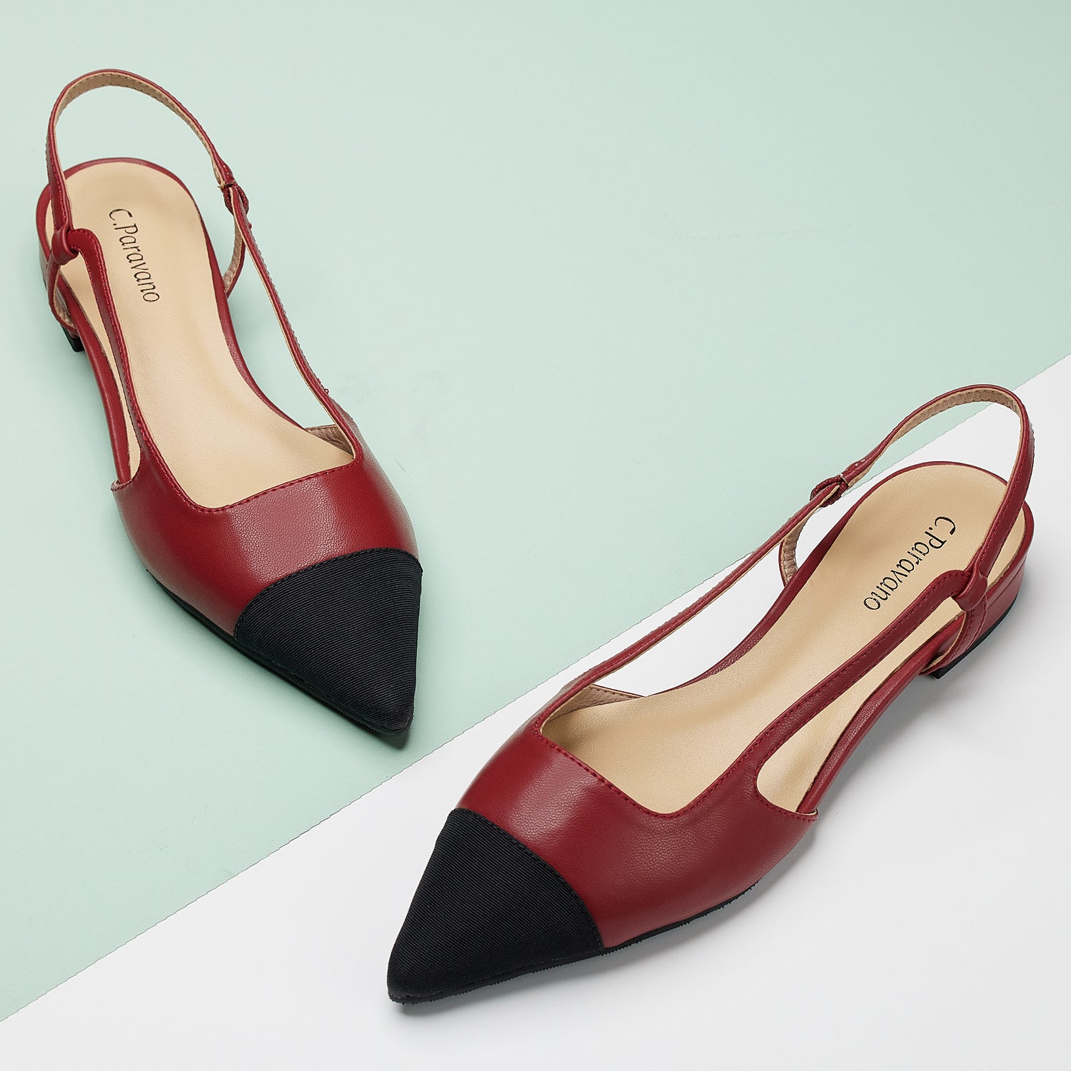 Red Slingback Flats with a pointed toe, adding a touch of modernity to your ensemble in a striking hue.