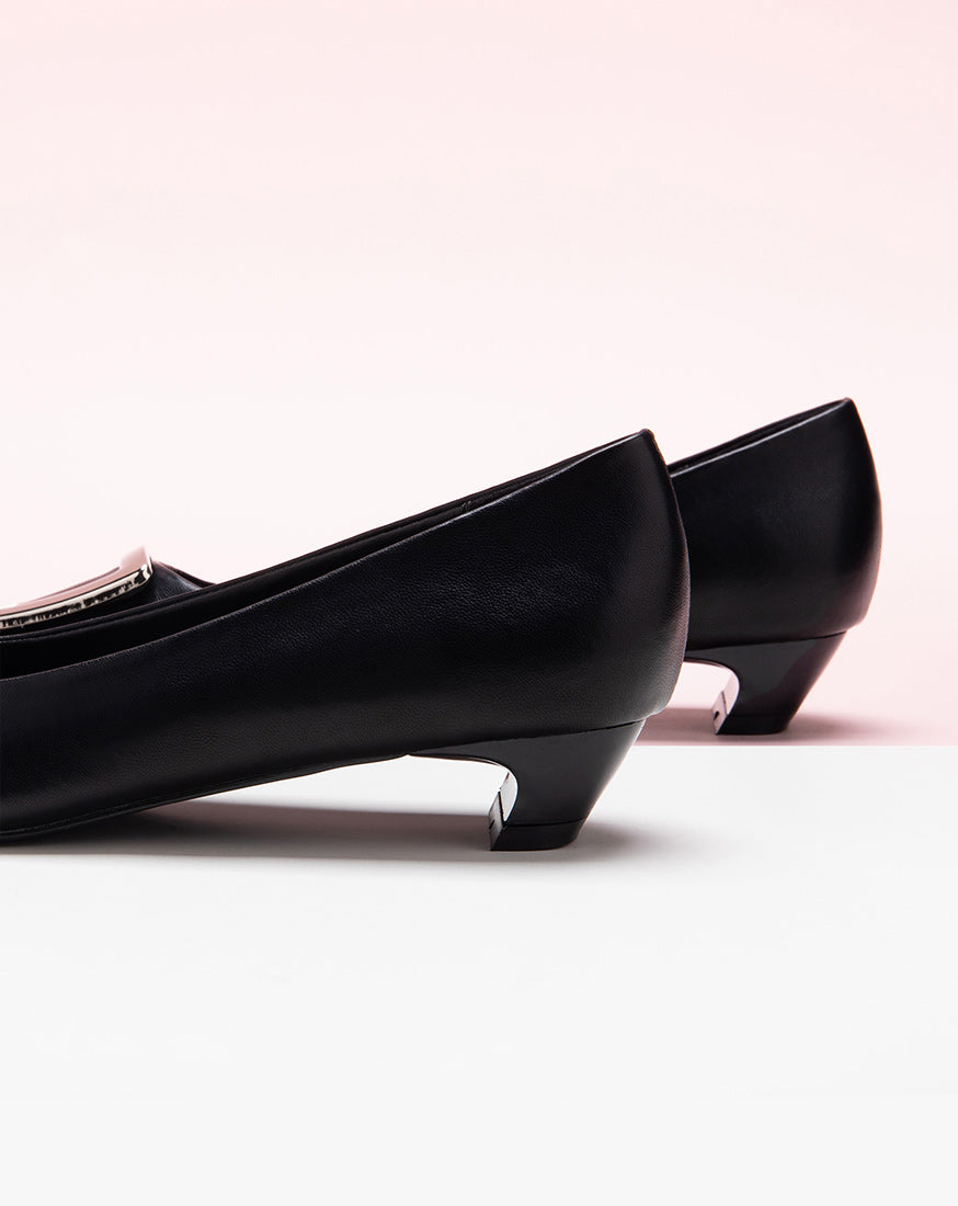 Chic trapezoidal buckle low heels black for women