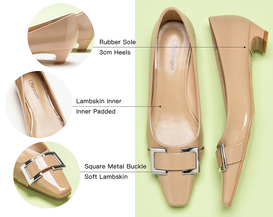 Classic beige closed-toe shoes with a comfortable low-heel