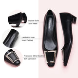 Classic women's trapezoidal buckle low heels black in various sizes