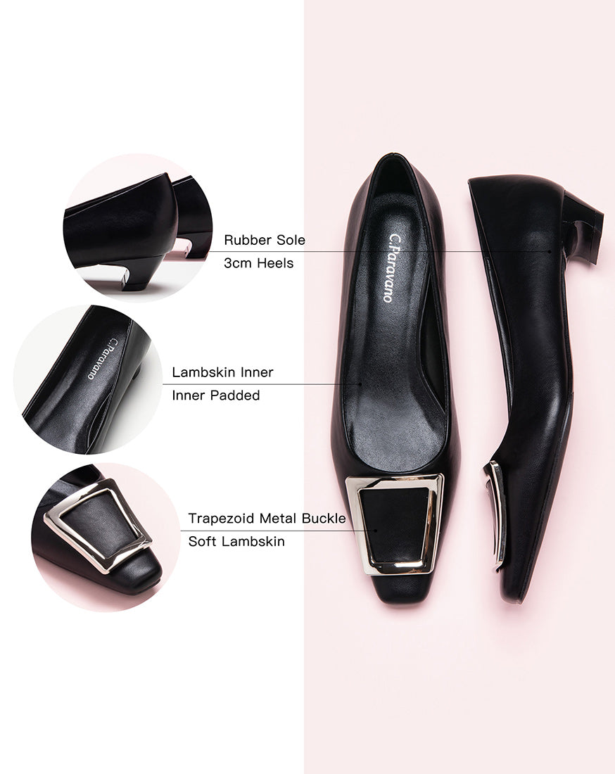 Classic women's trapezoidal buckle low heels black in various sizes