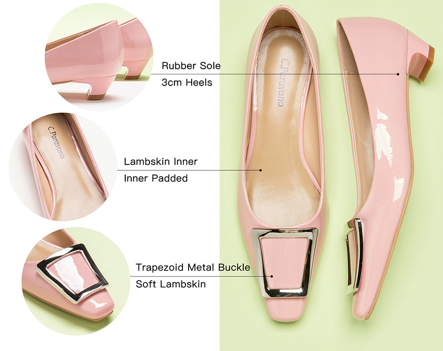 Classic women's trapezoidal buckle low heels pink in various sizes