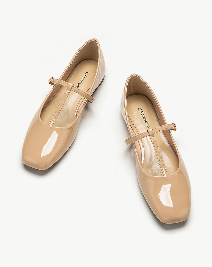 Beige Patent Crossed Stripe Clasp Mary Jane C.Paravano