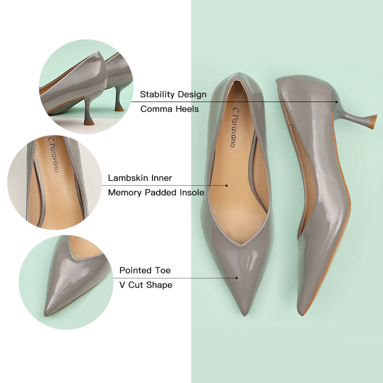 Glossed Grey Patent Leather Pumps, a sleek and minimalist addition to your footwear collection
