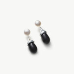 Elegant Silver Drop Earrings with Black Agate and Pearl Accents"