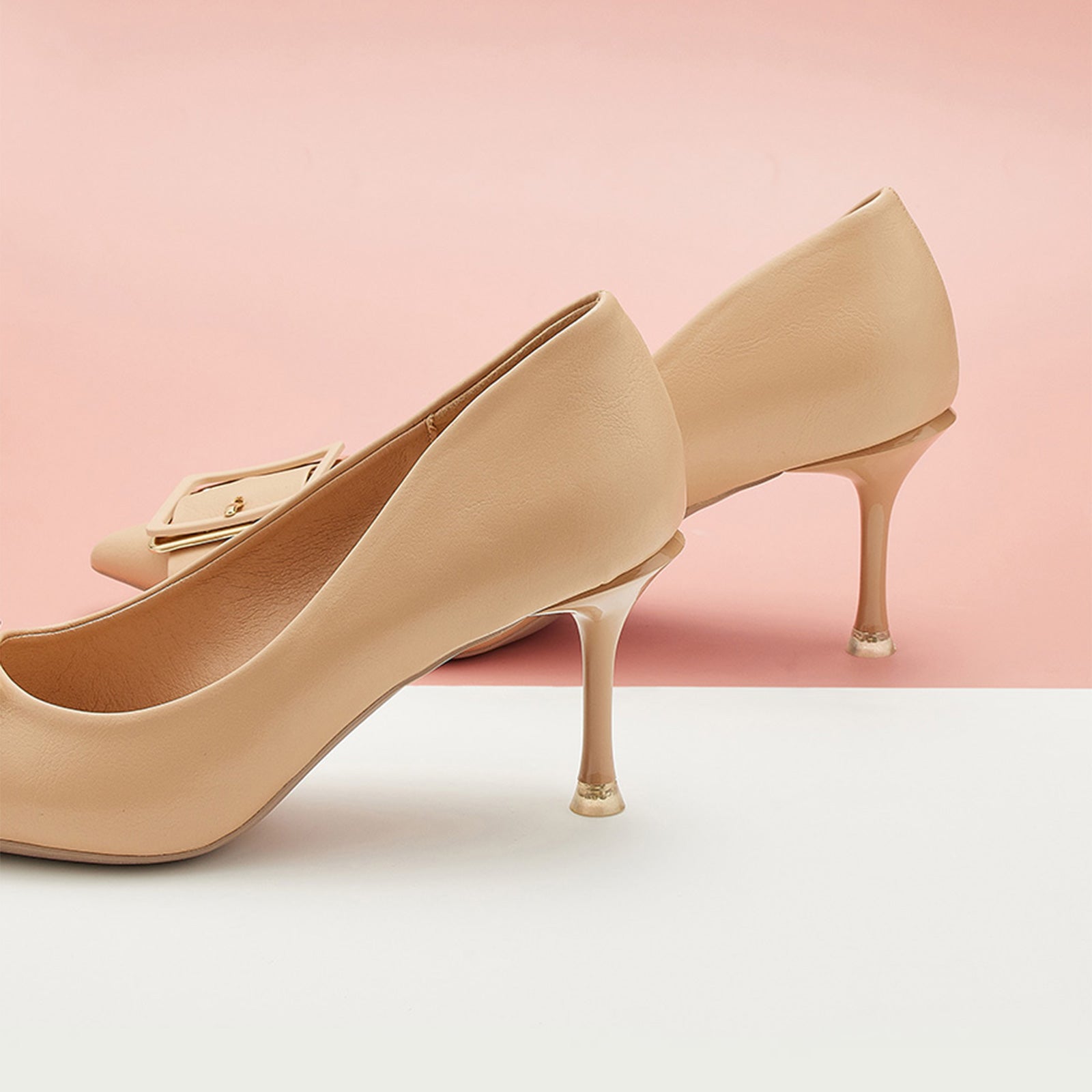 Beige Elegant Pumps with a square buckle, offering a modern and timeless addition to your footwear collection