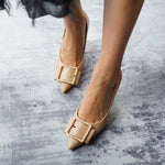 Neutral Chic: Beige Square Buckled Pumps, a versatile and understated option for adding a touch of natural charm to your ensemble