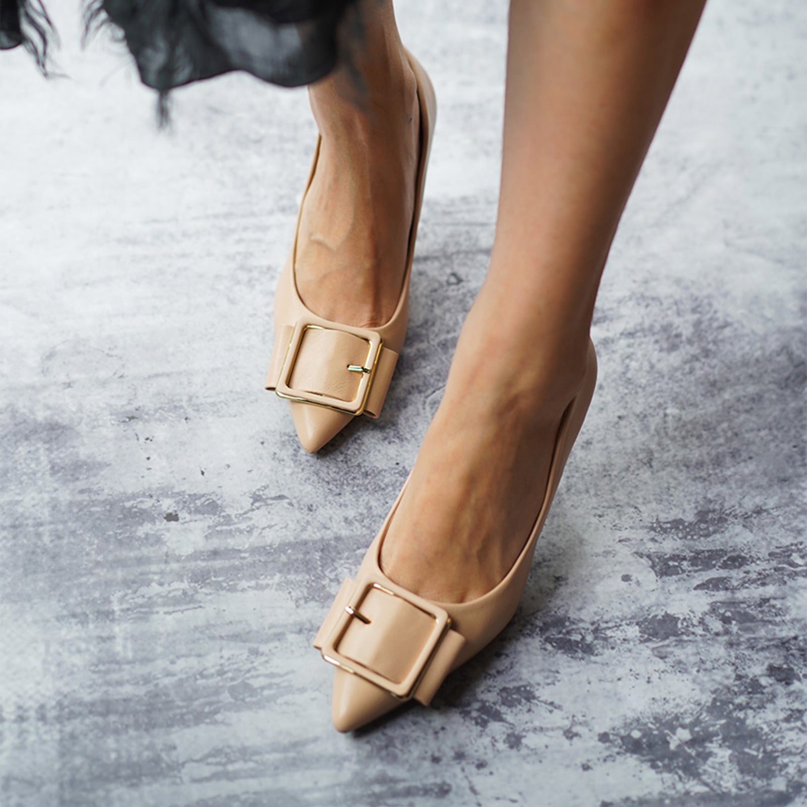 Neutral Chic: Beige Square Buckled Pumps, a versatile and understated option for adding a touch of natural charm to your ensemble