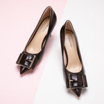 Chocolate Elegant Pumps with a square buckle, providing a cozy and stylish addition to your footwear collection