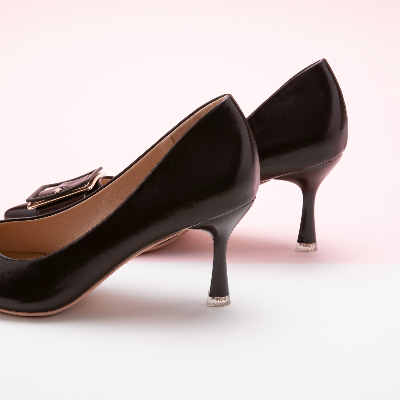 Caramel Comfort: Chocolate Elegant Pumps with a square buckle,