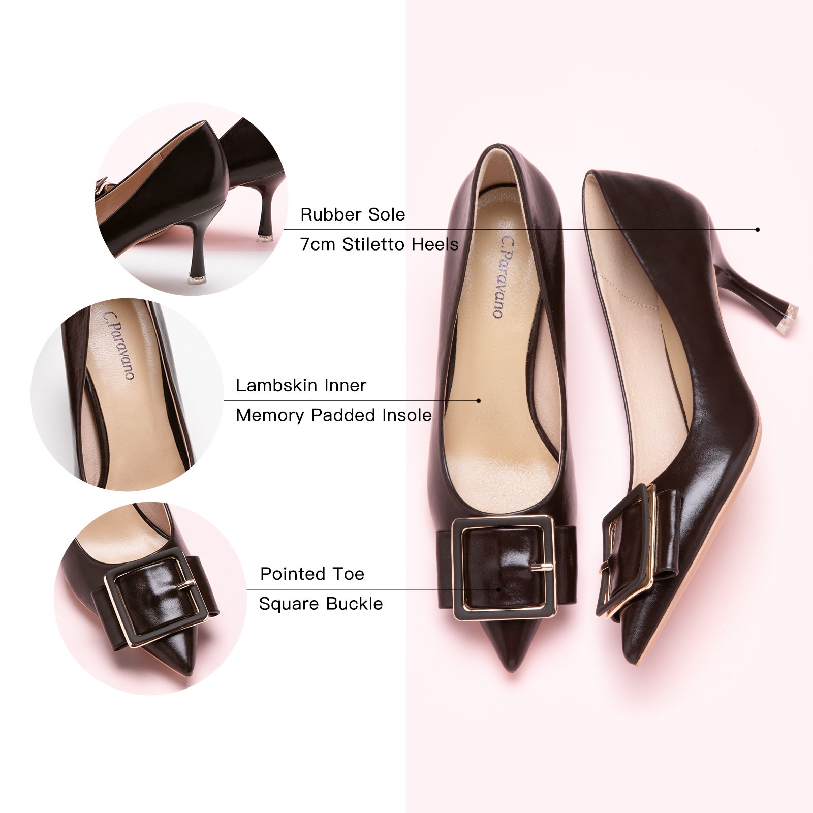Rich Chocolate Tones: Elegant Square Buckled Pumps in Chocolate, a warm and sophisticated choice 