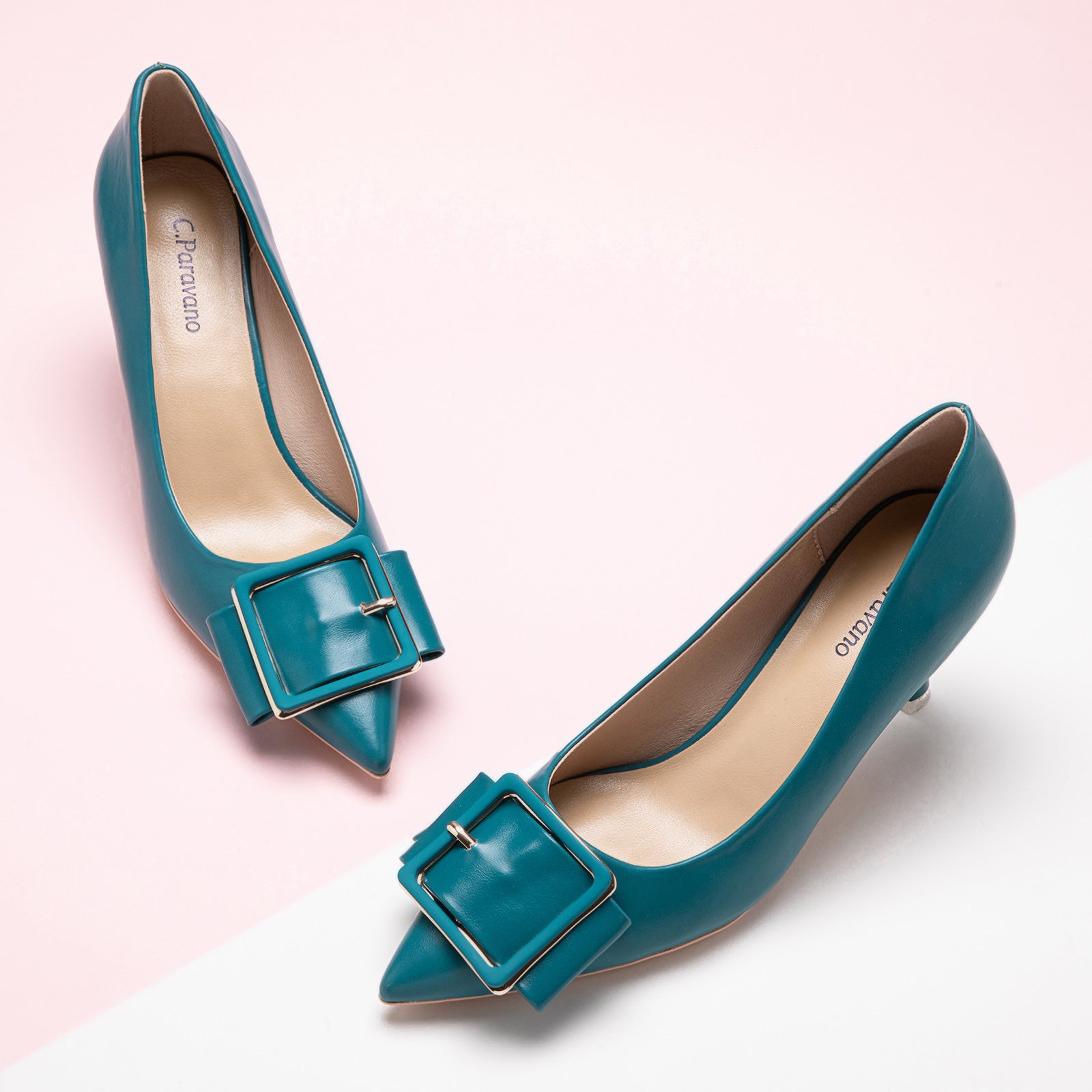 Elegant Square Buckled Pumps in Peacock Blue, a vibrant and eye-catching choice for a bold and stylish look