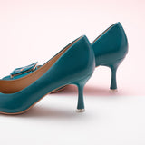 Peacock Blue Square Buckled Pumps, offering a chic and modern option for making a statement.