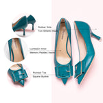 Elegant Pumps in Peacock Blue with a square buckle, perfect for a confident and fashionable look in any urban setting.