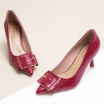 Red Square Buckled Pumps, perfect for a confident and fashionable look with a touch of urban sophistication