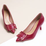 Red Square Buckled Pumps, perfect for a confident and fashionable look with a touch of urban sophistication