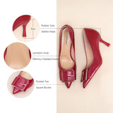 Red Square Buckled Pumps, perfect for a confident and fashionable look with a touch of urban sophistication