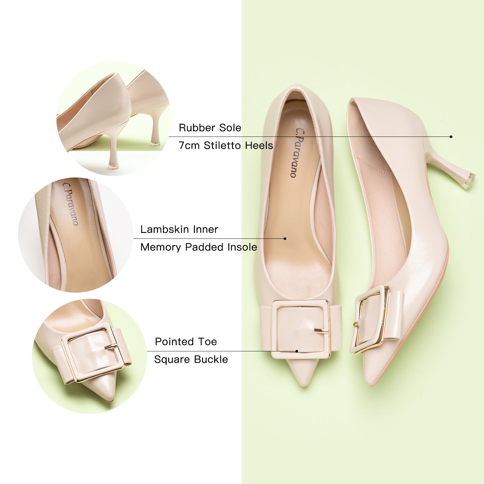 White Elegant Pumps with a square buckle, combining comfort with a touch of timeless elegance