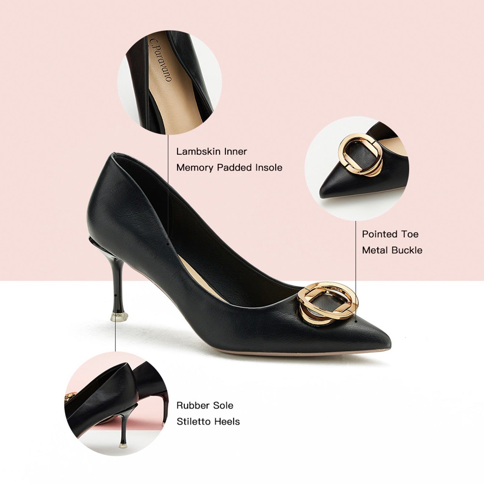 Bold Buckle Details: Black Women Pumps with metal accents, adding a stylish and contemporary touch to your ensemble