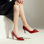 Red Buckle Kitten Heel Pumps with embellishments, adding a touch of elegance to your fashion repertoir