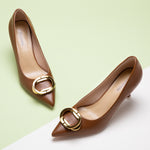Earthy Elegance: Brown Metal Buckled Women Pumps, a warm and versatile choice for adding a touch of earthy charm to your ensemble