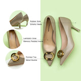 Camel Metal Buckled Pumps, a chic and modern choice for urban styling with a touch of sophistication