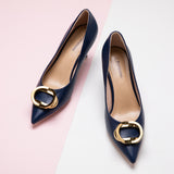 Women Pumps in Navy with stylish metal buckles, perfect for adding a touch of nautical flair to your ensemble