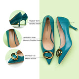 Peacock Blue Metal Buckled Pumps, a unique and eye-catching addition to your footwear collection.