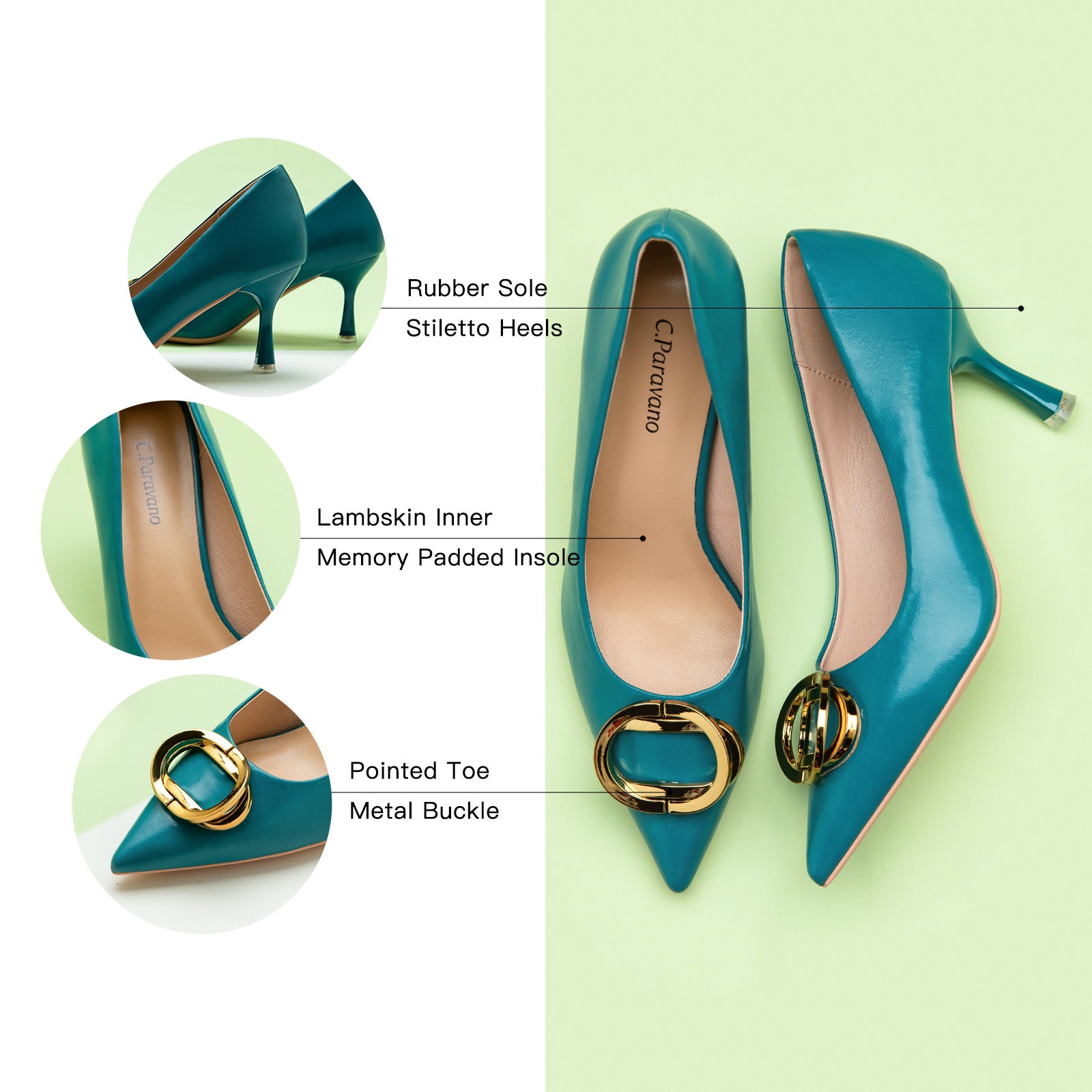 Peacock Blue Metal Buckled Pumps, a unique and eye-catching addition to your footwear collection.