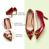 Women Pumps in Red featuring metal buckles, a glamorous choice for special occasions and events.