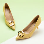 Yellow Metal Buckled Women Pumps, a cheerful and vibrant choice for a playful and stylish look