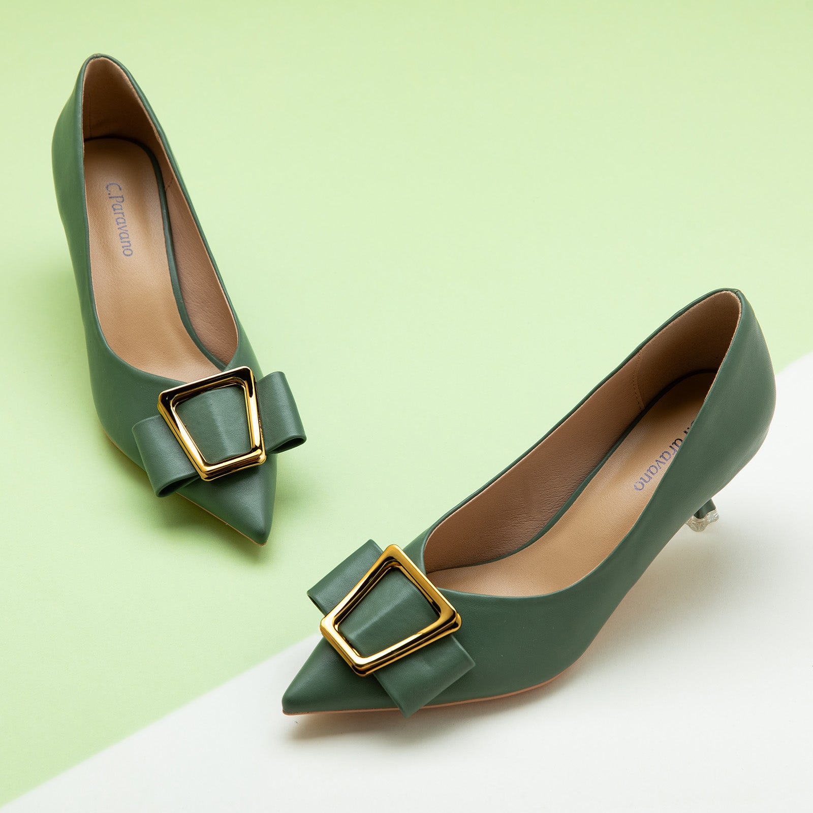 Green Geometric Kitten Heel Women Pumps, a nature-inspired choice for a chic and modern look