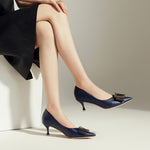 Deep Navy Sophistication: Geometric Navy Kitten Heel Pumps, providing a rich and stylish touch to your ensemble