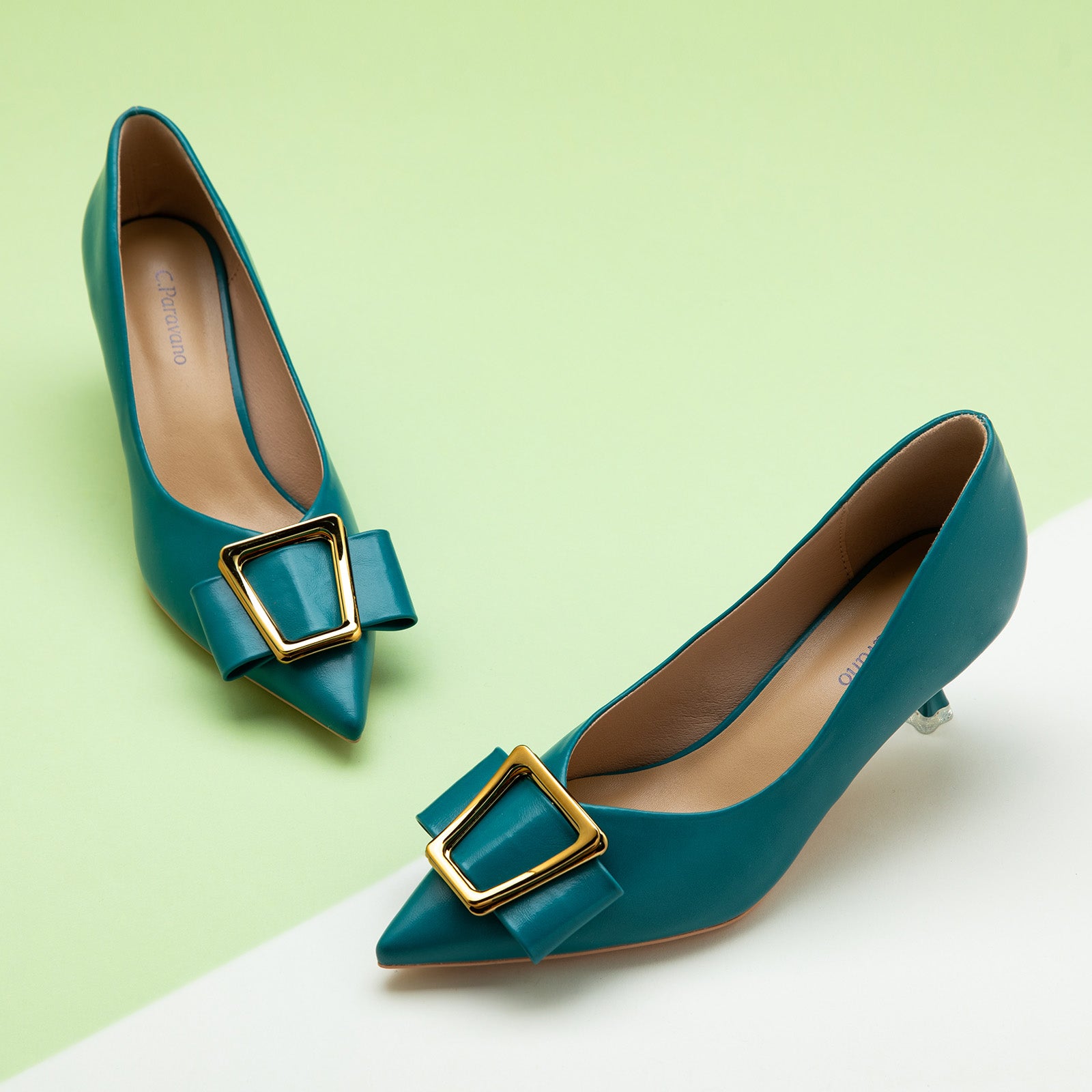 Peacock Blue Geometric Kitten Heel Women Pumps, a vibrant and exotic choice for a bold and stylish look