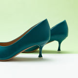 Geometric Peacock Blue Kitten Heel Pumps, featuring stylish patterns for a polished and opulent style